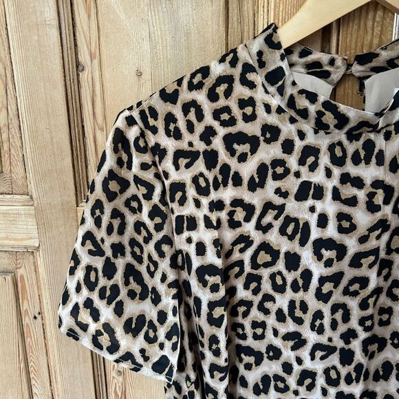 Avec Les Filles 10 Leopard Print Dress Mock Neck Short Sleeve Belted - Picture 4 of 16